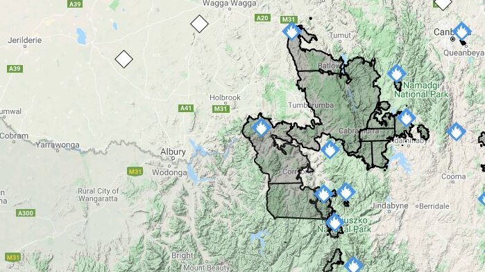 A map of bushfires upstream of the Hume Dam.