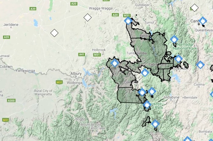 A map of bushfires upstream of the Hume Dam.