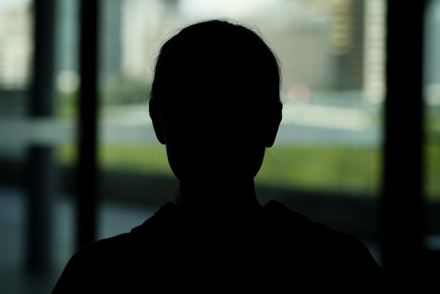 A silhouette of a woman looking at the camera.  