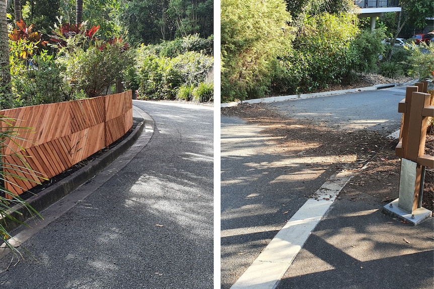 Two photos.  One shows debris and dirt on a road and the other shows a wooden screen built where the dirt was.