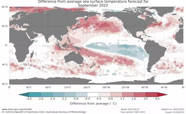 A world map showing differences in surface temperatures. 