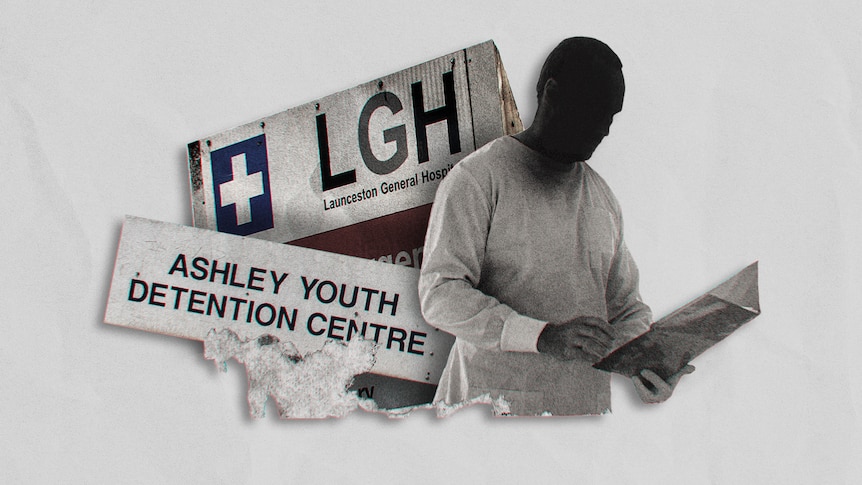 A sign for the Launceston General Hospital and the Ashley Youth Detention Centre behind an obscured man.