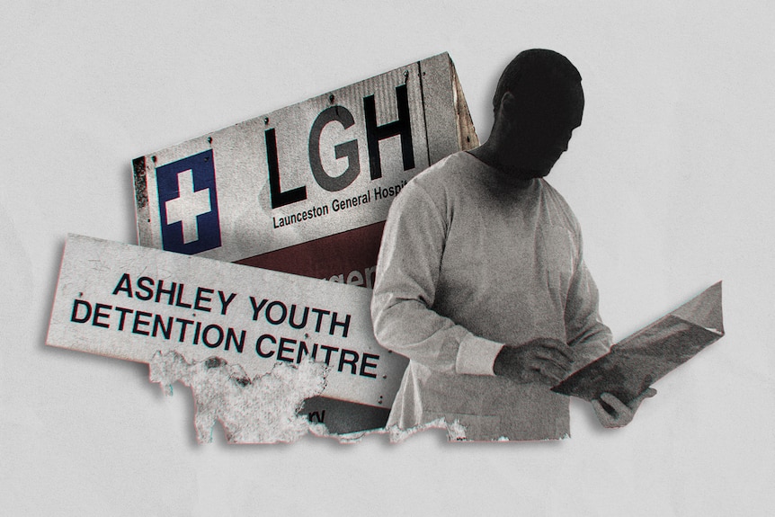 A sign for the Launceston General Hospital and the Ashley Youth Detention Centre behind an obscured man.