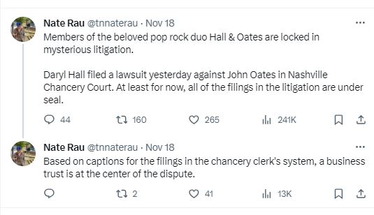Screenshots of tweets posted by Nate Rau about the Hall and Oates legal filing. 