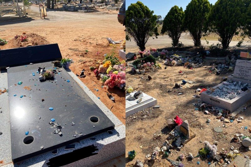 On the left a grave with smashed pots holding flowers. On the right another grave site with broken fragments of statues.