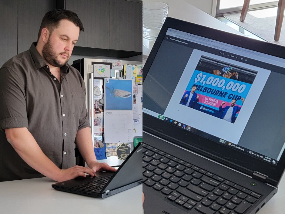 A split image of a man staring at a laptop computer screen with an ad for Melbourne Cup betting on  the screen.