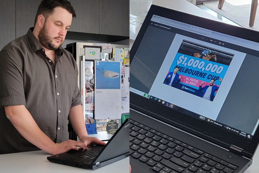 A split image of a man staring at a laptop computer screen with an ad for Melbourne Cup betting on  the screen.