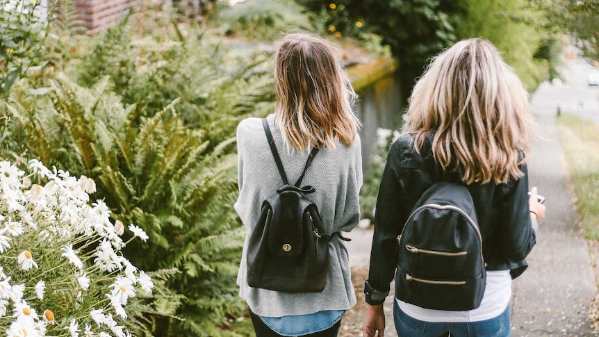 Two teenage girls walk together on a footpath.