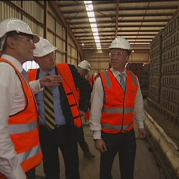 Tony Abbott at a Longford brickworks