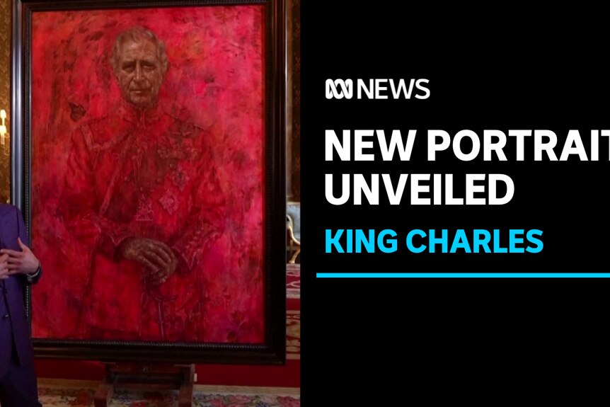 New Portrait Unveiled, King Charles: A man in a floury shirt and purple suit stands next to a large portrait of King Charles.