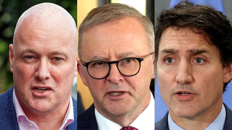 Headshots of Christopher Luxon, Anthony Albanese and Justin Trudeau
