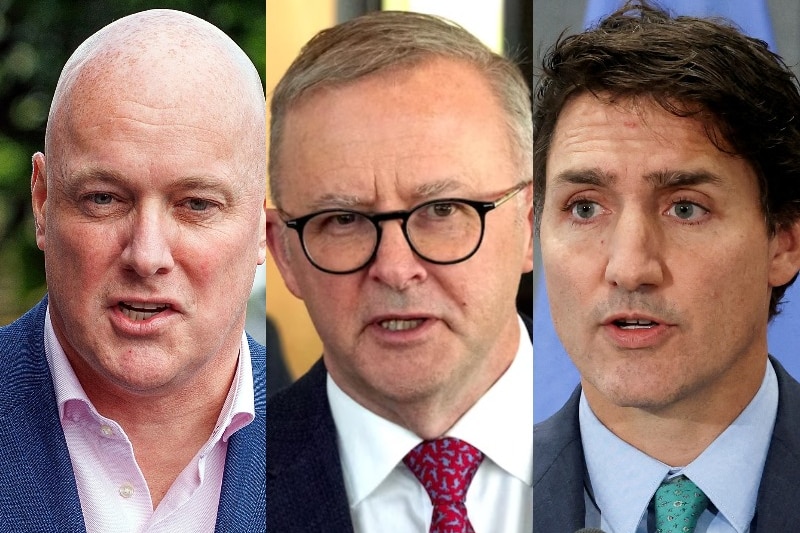 Headshots of Christopher Luxon, Anthony Albanese and Justin Trudeau