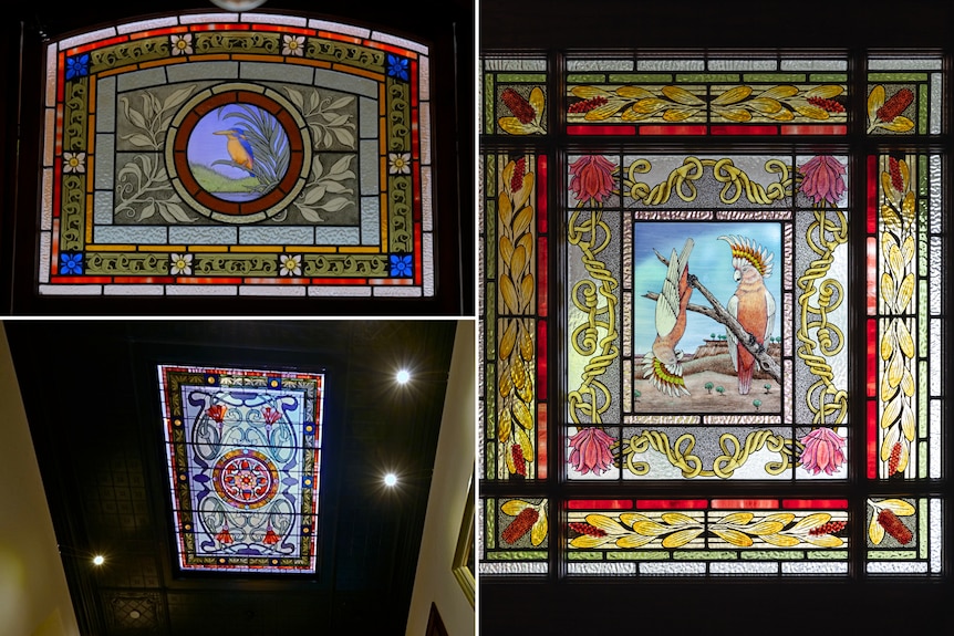 Una imagen compuesta de vidrieras y luces con diseños de aves nativas.