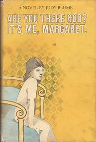 The book cover of Are You There God? It's me, Margaret., 70s style, yellow background and girl sitting on bed