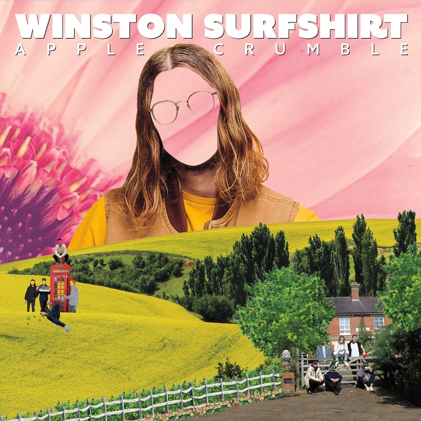 Collage of members of Winston Surfshirt in rolling green fields, a cottage, English style red phone box, and a pink background