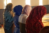 Four woman in headscarfs pray with their backs to the camera.