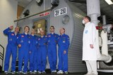 Six volunteers pose after leaving Mars capsule