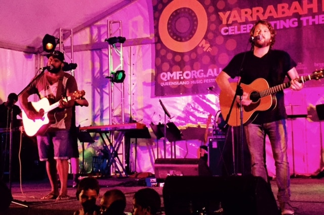 Jeremy Marou and Thomas Busby of Australian duo Busby Marou playing at the Yarrabah Band Festival.