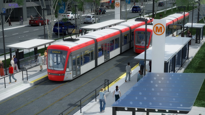 Artist impression of Capital Metro light rail along Northbourne Avenue in Canberra.
