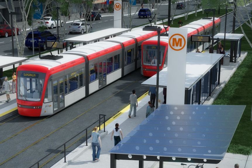 Artist impression of Capital Metro light rail along Northbourne Avenue in Canberra.