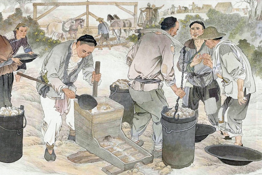 An illustration of Chinese miners in the mid 19th century.