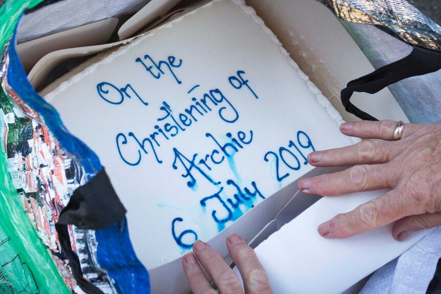 A close-up of a cake made by a royal fan in honour of Archie Harrison's christening