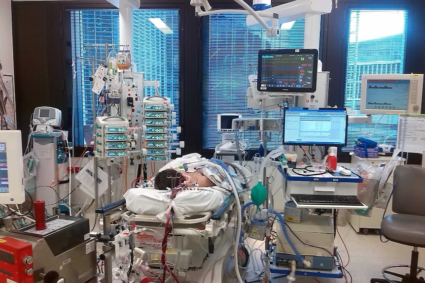 Sean Rice, aged 9, lying in hospital bed in an intensive care unit surrounded by machines and tubes