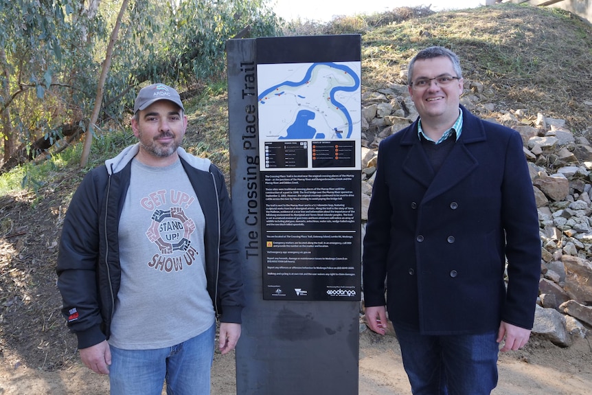 two men standing beside a walking trail sign that's highlighting the full route 
