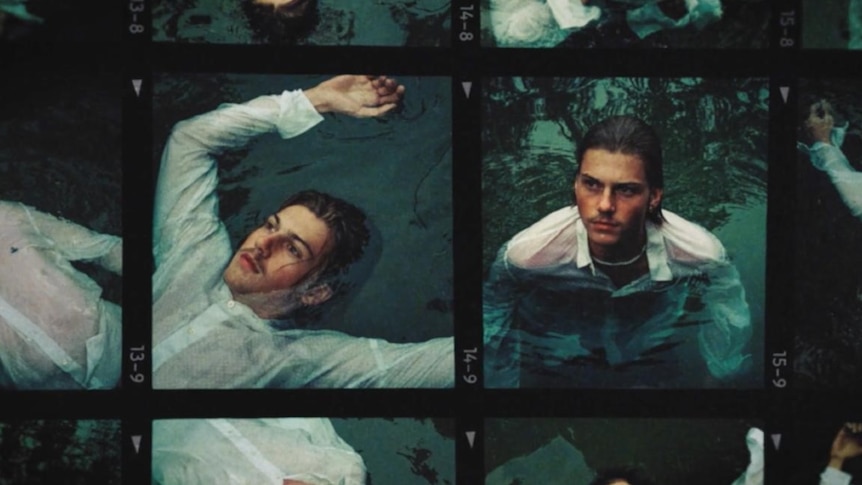 Images of Ruel in water, he wears a white shirt