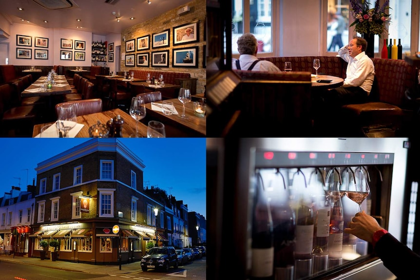 Collage of photos of the wine rooms in Kensington, the booth that George Papadopoulos and Alexander Downer met in is highlighte