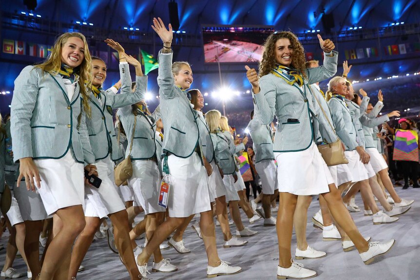 The Australian team give a big thumbs up at the 2016 Rio Olympics opening ceremony, August 6, 2016.