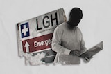 A graphic showing a medical worker with blackened face looking at a folder in front of a sign reading: LGH Emergency
