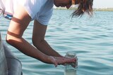 Jacqui Taylor takes a water sample from the Darwin Harbour oil slick.