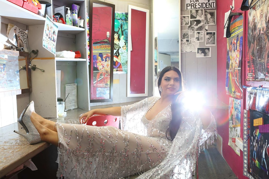 Sydney based DJ and entertainer Victoria Anthony in the Stonewall Hotel dressing room.