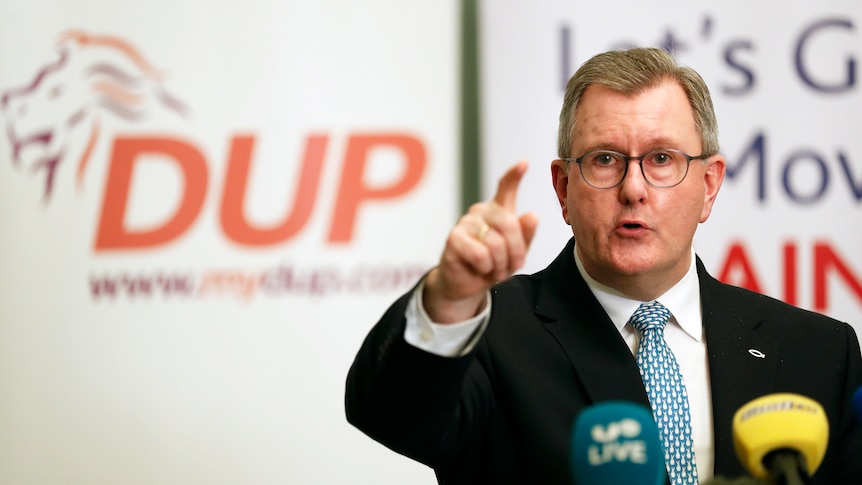 A man in a suit and tie speaks into microphones and gestures with one hand, in front of a DUP sign behind him.