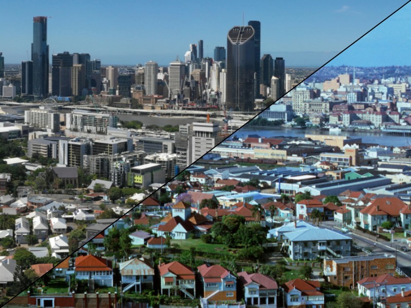 Composite of Brisbane City in 1965 vs 2022.