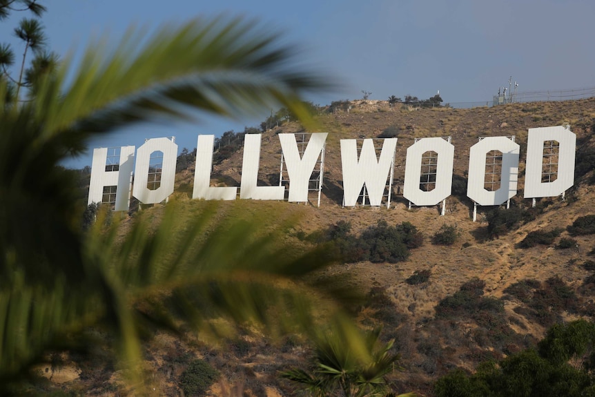 The Hollywood sign is visible behind a palm tree.