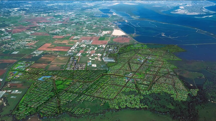 An artist's impression of an aerial view of a new suburb.