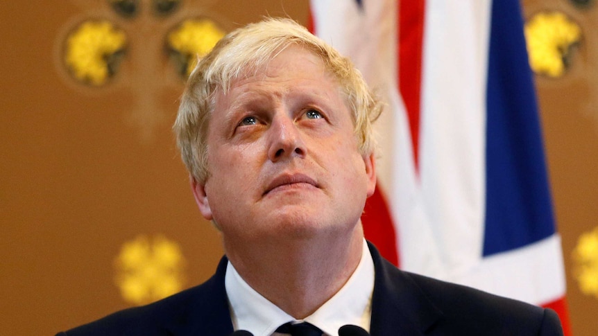 Britain's Foreign Secretary Boris Johnson looks up during a press conference.