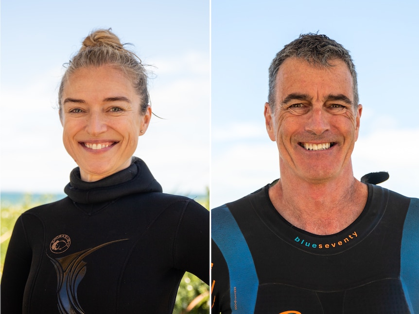 A composite image of a man and a woman in wetsuits.
