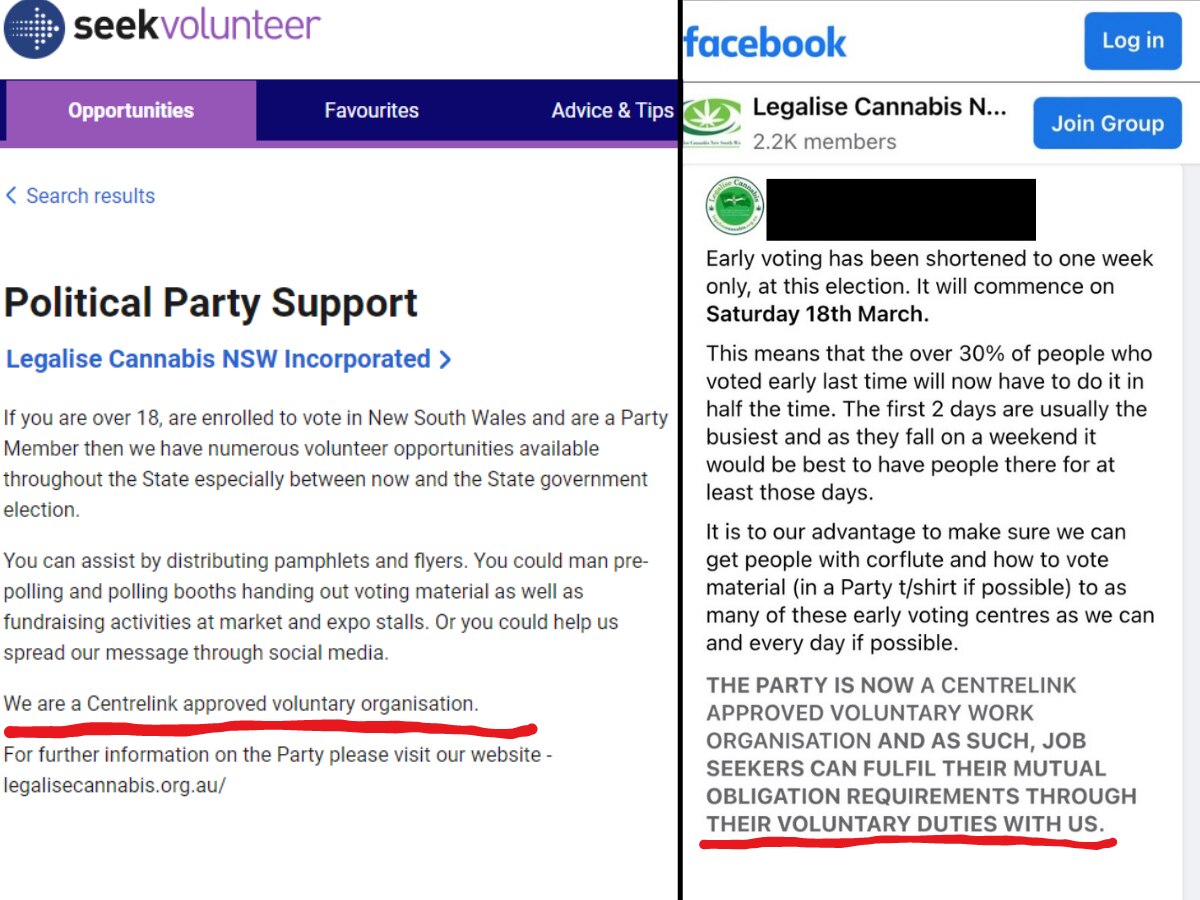 References on Seek Volunteer and Facebook from Legalise Cannabis NSW saying it is a "Centrelink-approved voluntary organisation"