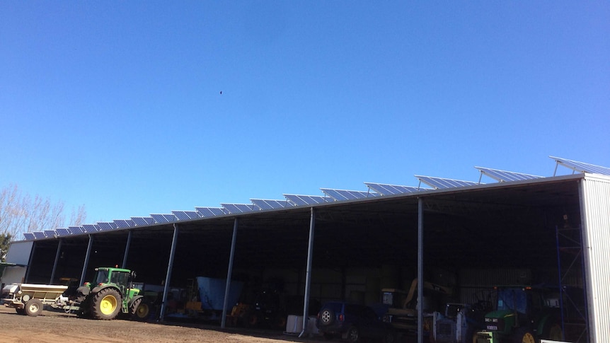 Wide view of solar panels on top of a shed.