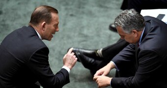 Tony Abbott talks to Joe Hockey