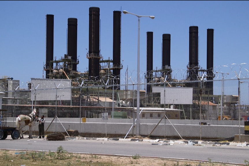 A man stands with a horse in front of a razor wire fence encasing a power plant