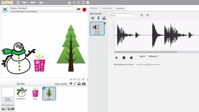 Scratch edit window shows image of snowman and tree, edit panel shows sound wave