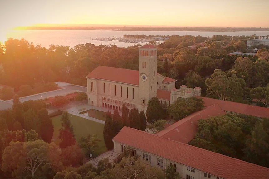 An aerial shot of the University of Western Australia's Crawley campus.