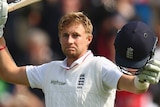 England's Joe Root celebrates his century against Australia in the first Ashes Test in Cardiff.