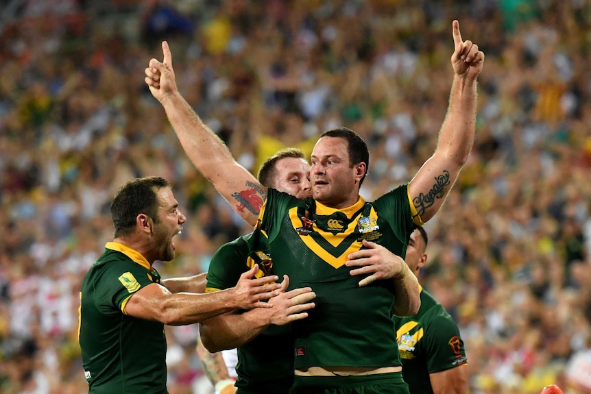 Boyd Cordner celebrates his World Cup final try