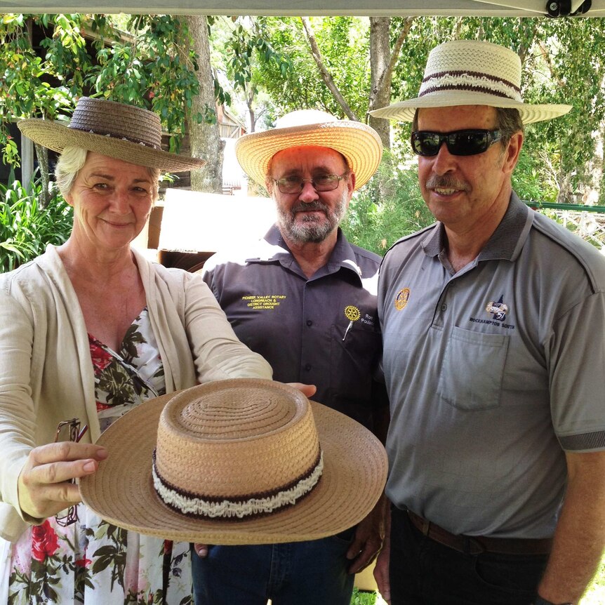Rockhampton Mayor Margaret Strelow with Rotary's Ron Poulsen and Mike Griffin at the Hay Hat Day in Rockhampton at the weekend.