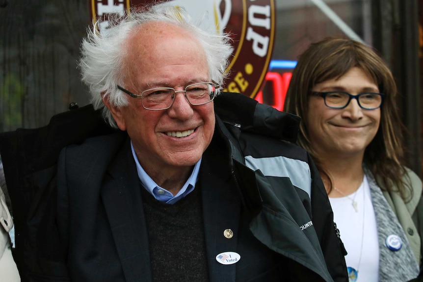 US senator Bernie Senator smiles outside City Hall on midterm election day